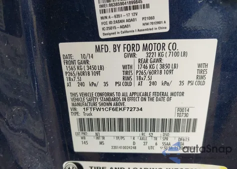 2014 Ford F-150 Xlt from USA, damaged, VIN 1FTFW1CF6EKF72734